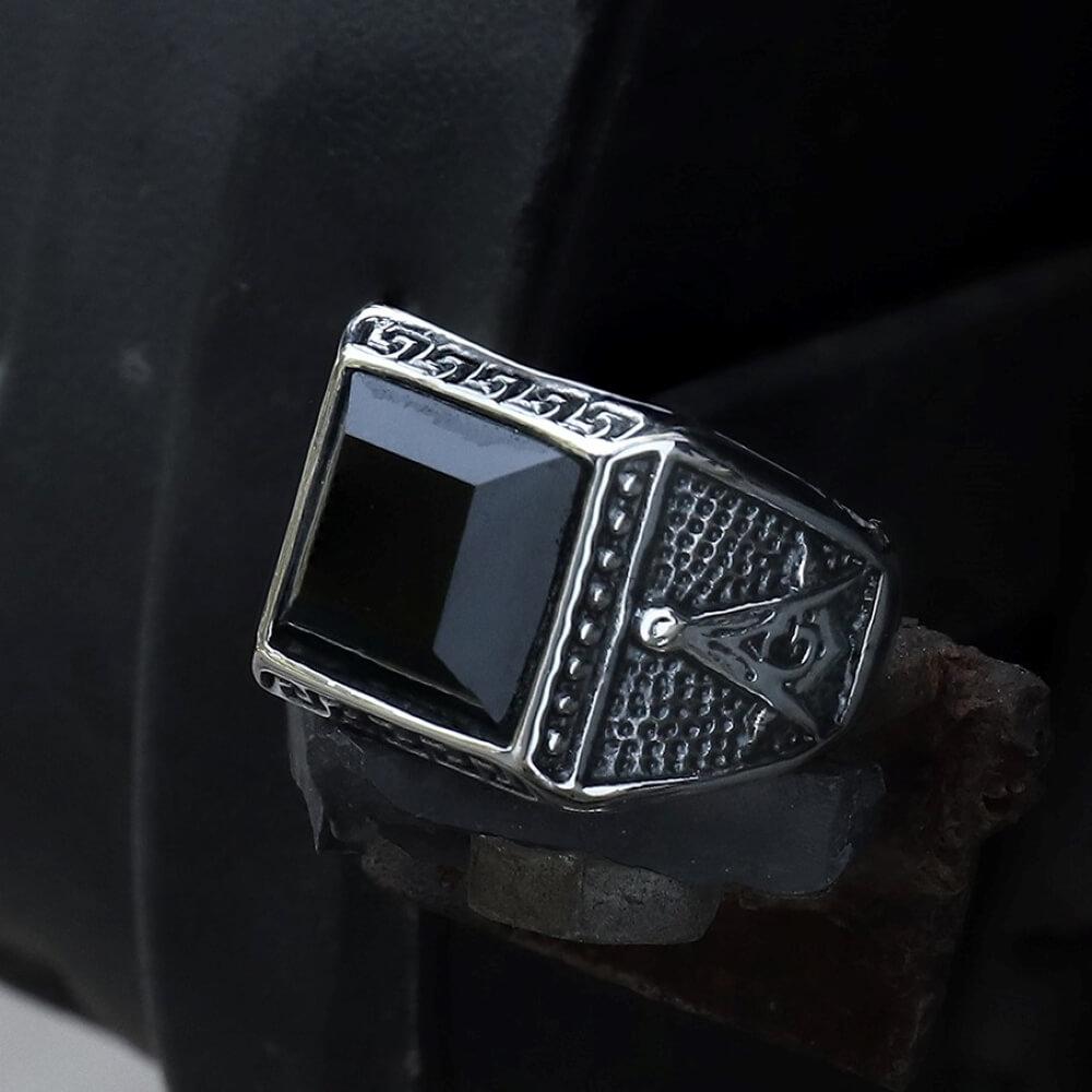 Black Gemstone Stainless Steel Masonic Ring