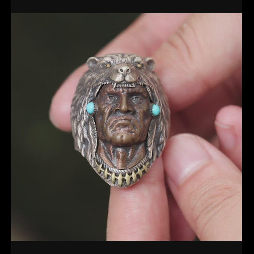 Indian Warrior Wolf Head Sterling Silver Ring