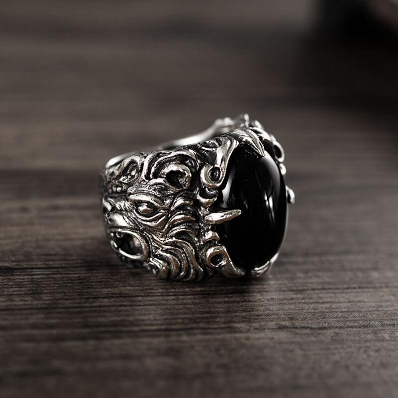 Double Dragon Black Agate Sterling Silver Ring