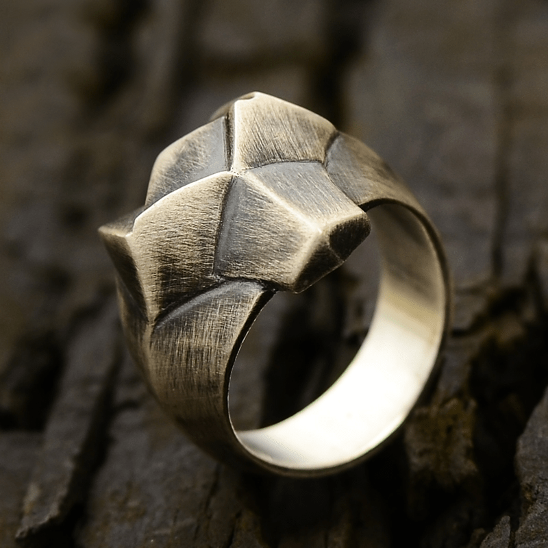 Faceted Fox Head Sterling Silver Biker Ring