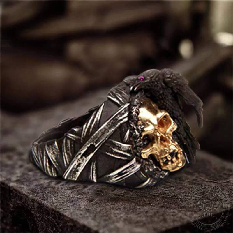 Crow sterling silver skull ring