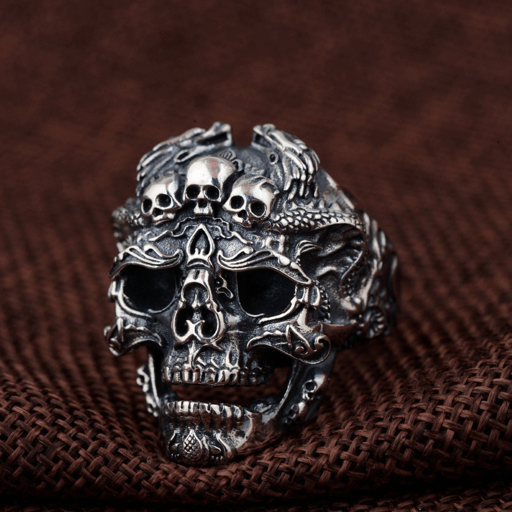 Double Dragon Sterling Silver Skull Ring