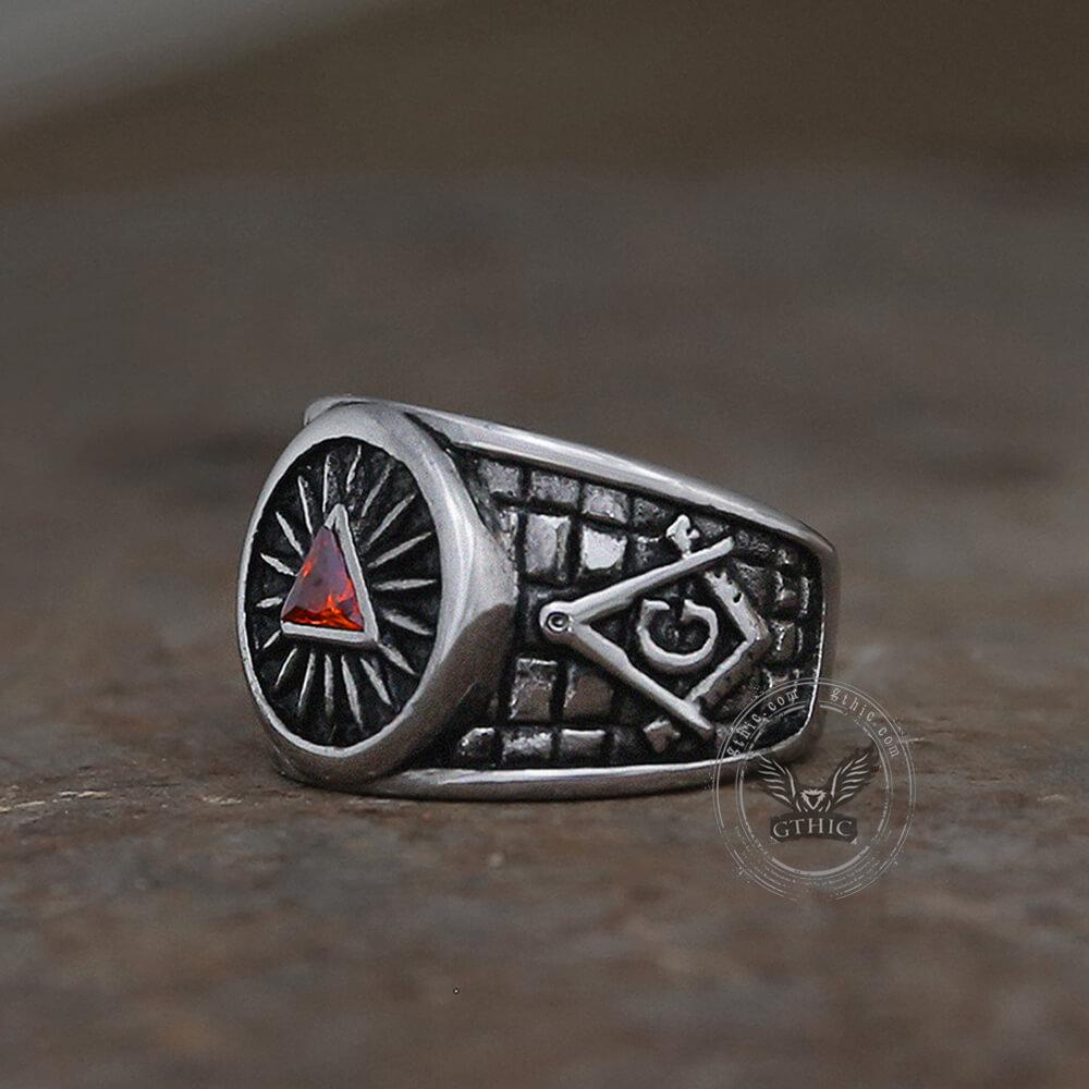 Red Crystal Triangle Stainless Steel Masonic Ring