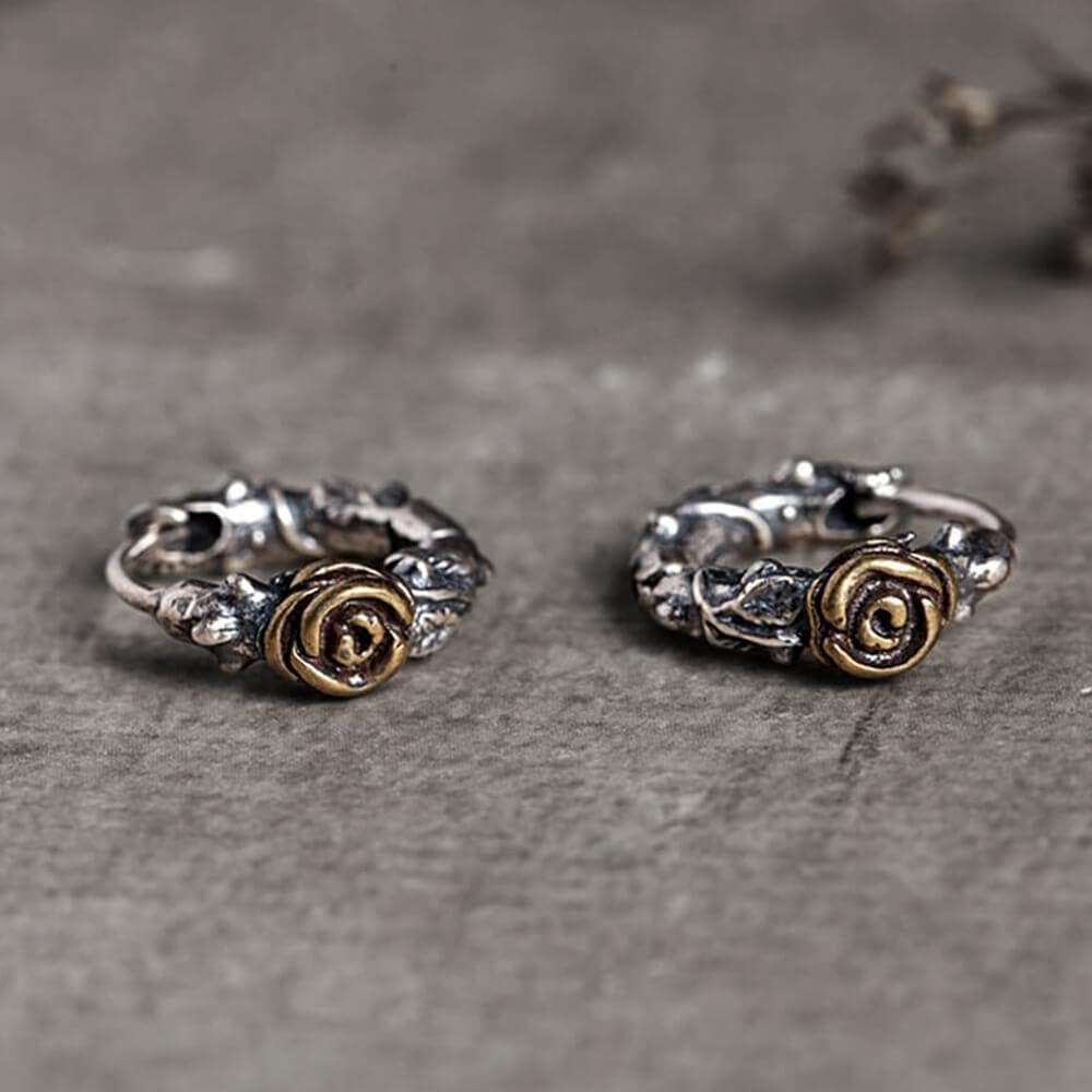 Metal Rose and Thorns Sterling Silver Hoop Earrings