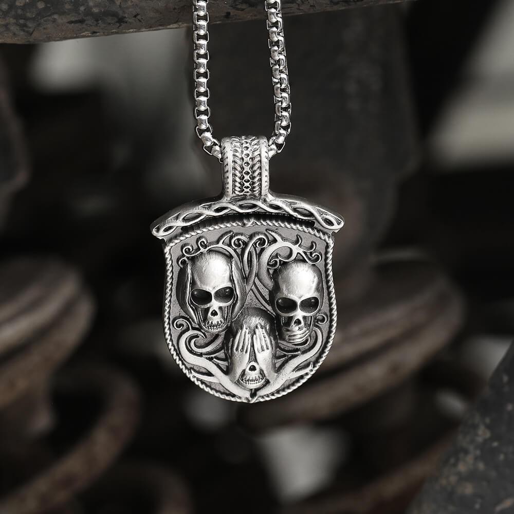 Three Senses Shield Pure Tin Skull Necklace