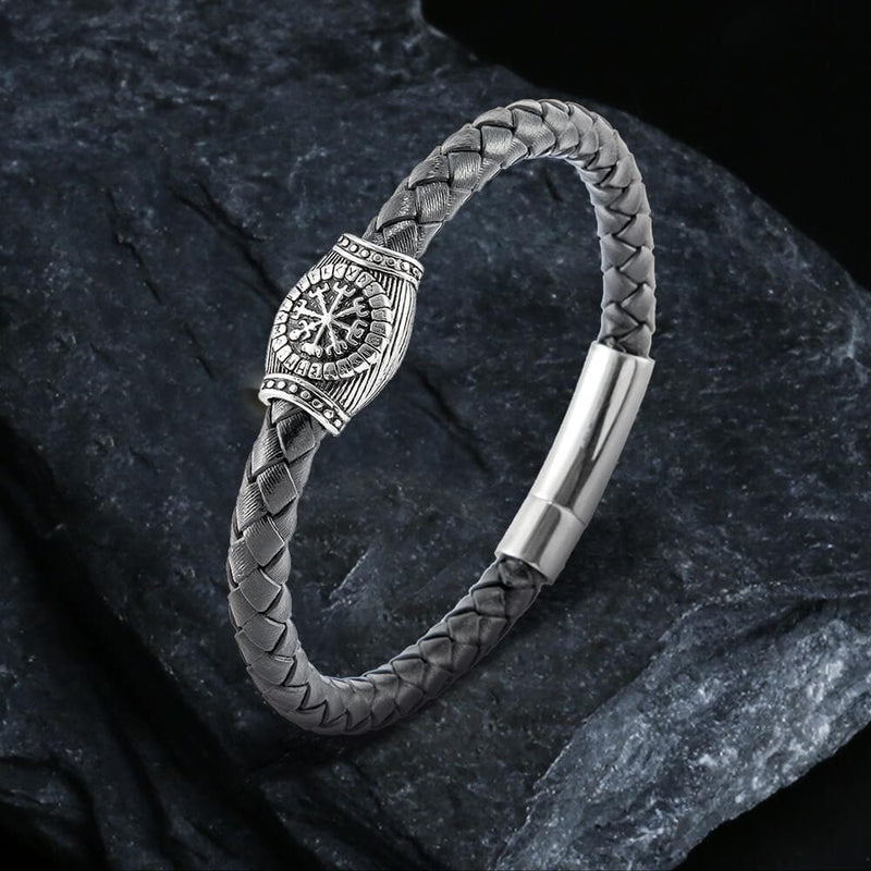Icelandic Magic Symbol Stainless Steel Leather Bracelet