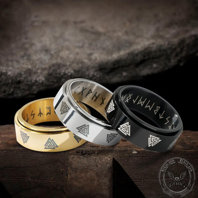 Valknut Runes Stainless Steel Spinner Ring For Anxiety