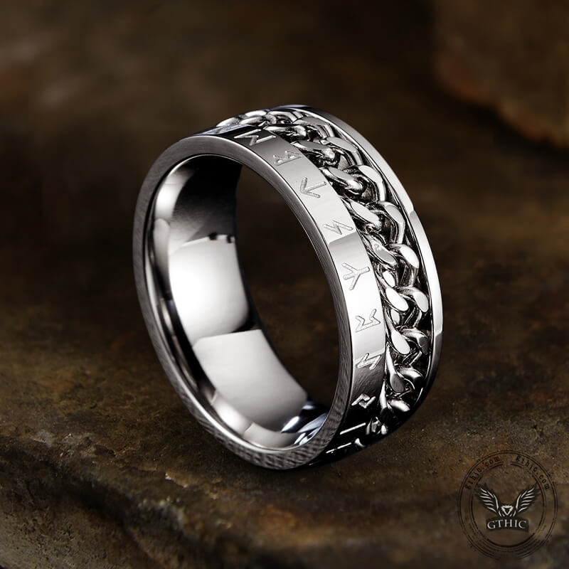 Viking Runes Stainless Steel Chain Spinner Ring