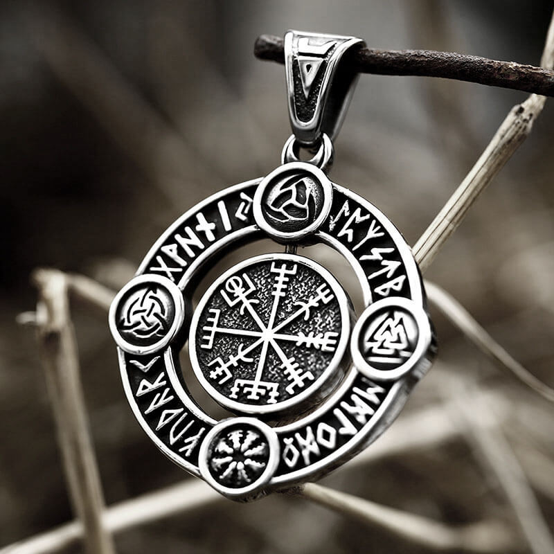 Viking Symbols Runes Vegvisir Stainless Steel Rotatable Pendant