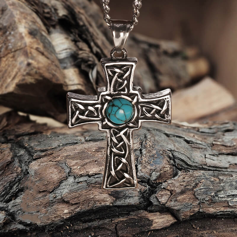 Vintage Celtic Knot Turquoise Stainless Steel Cross Pendant
