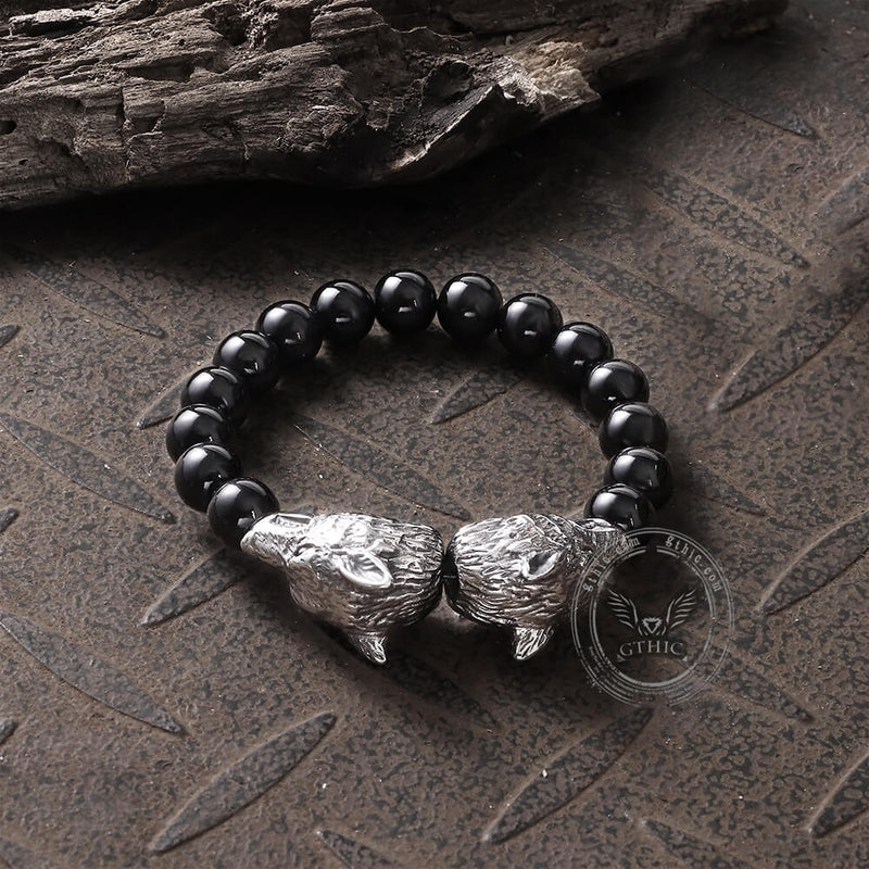 Wolf Glass Stone Stainless Steel Viking Bracelet